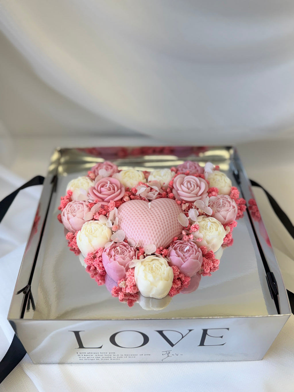 Kerzenstrauss Love Box Herz Rosa - Premium Geschenkbox