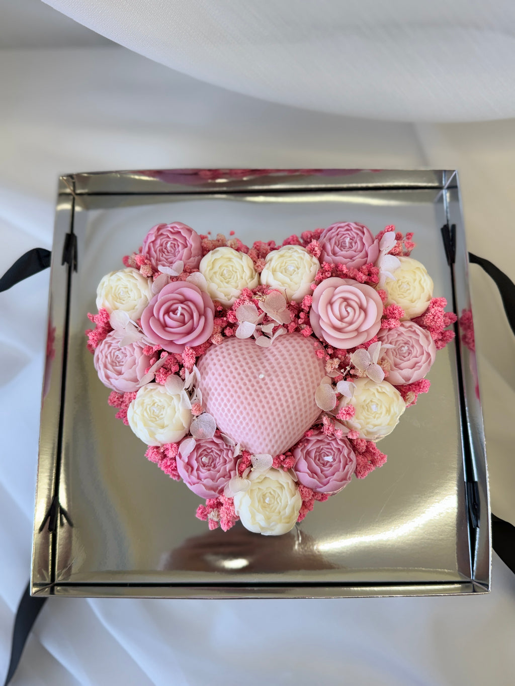Kerzenstrauss Love Box Herz Rosa - Premium Geschenkbox