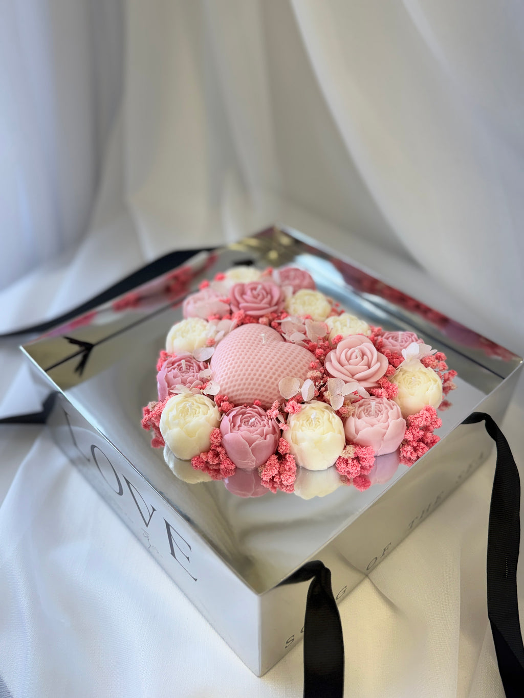 Kerzenstrauss Love Box Herz Rosa - Premium Geschenkbox