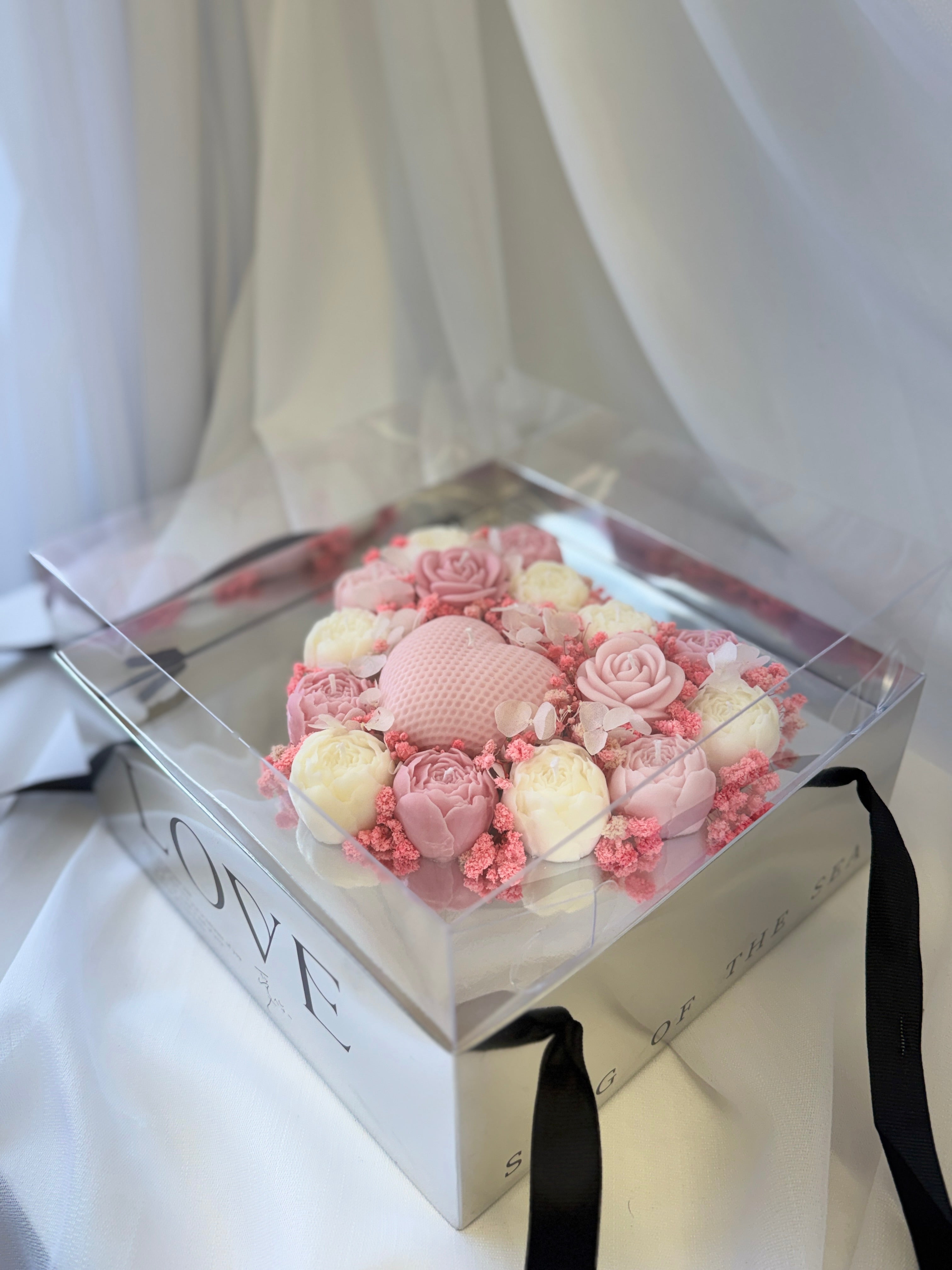 Kerzenstrauss Love Box Herz Rosa - Premium Geschenkbox