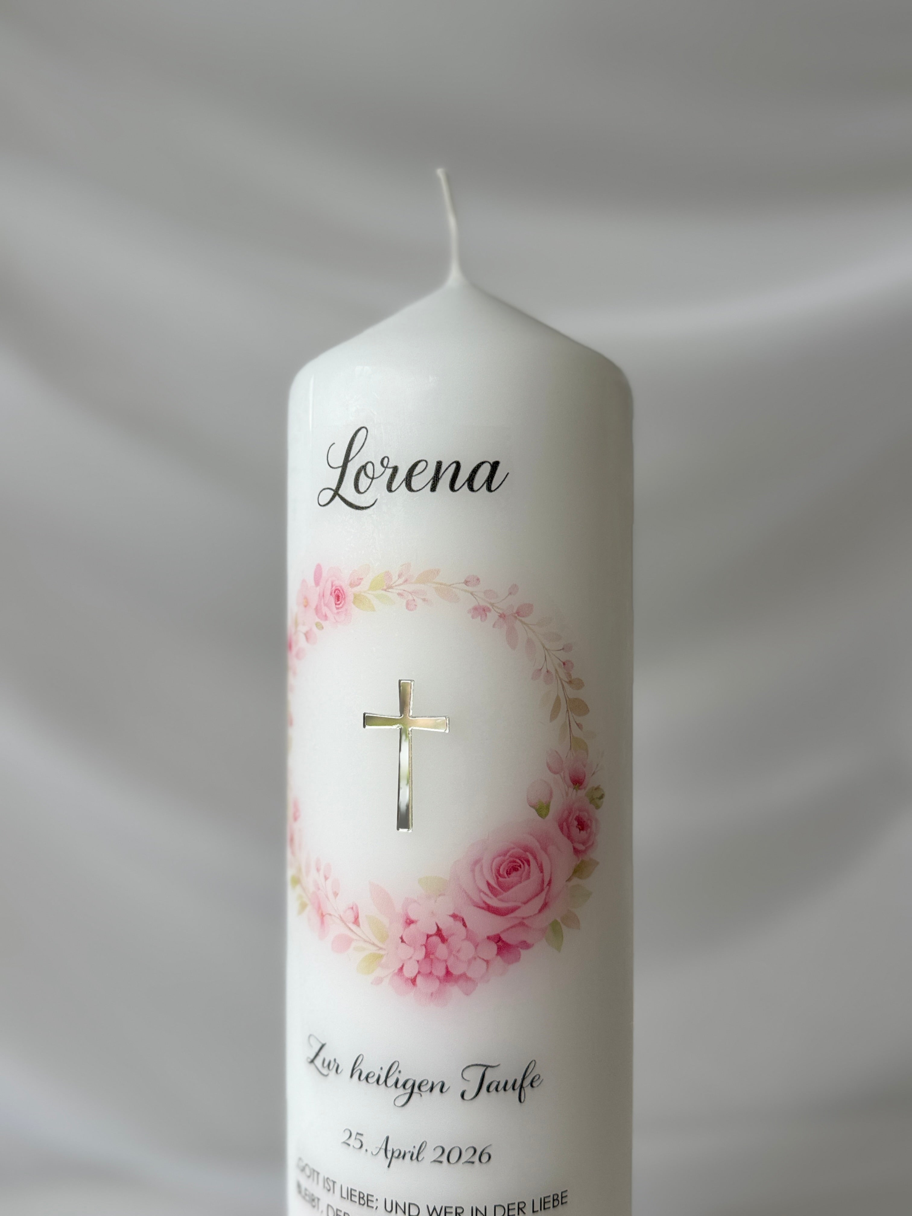 Taufkerze Rosa Blumenkranz